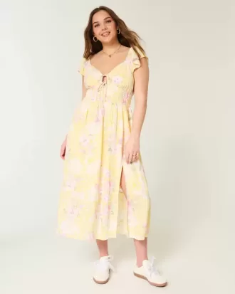 Flutter Sleeve Double-Tie Midi Dress
