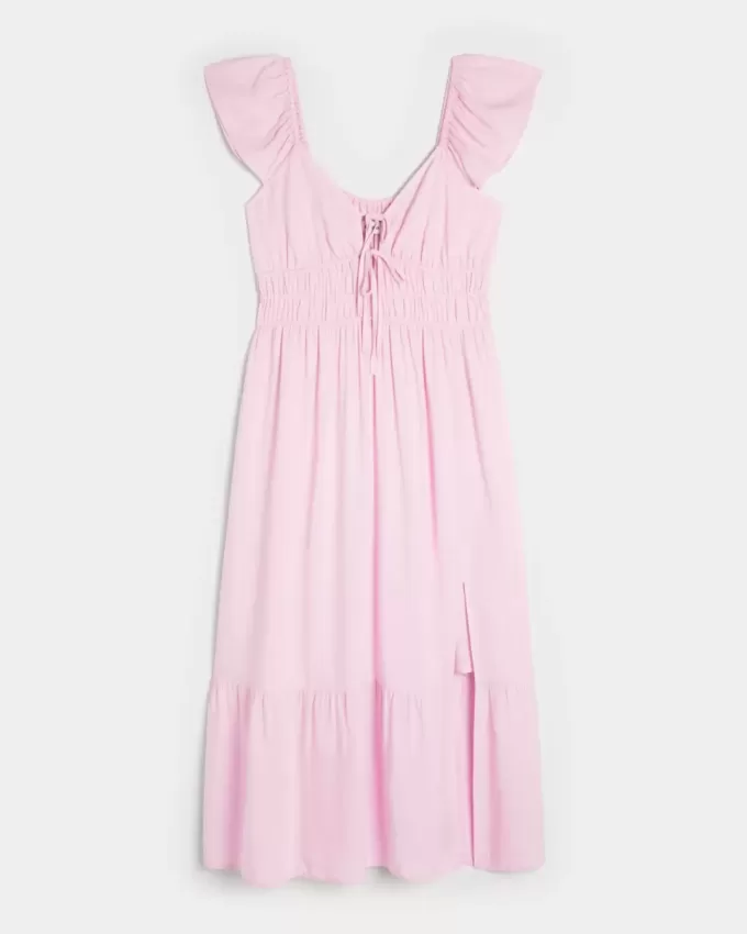 Flutter Sleeve Double-Tie Midi Dress