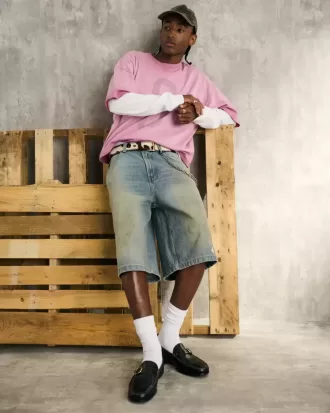 Greased Medium Wash Super Baggy Denim Shorts