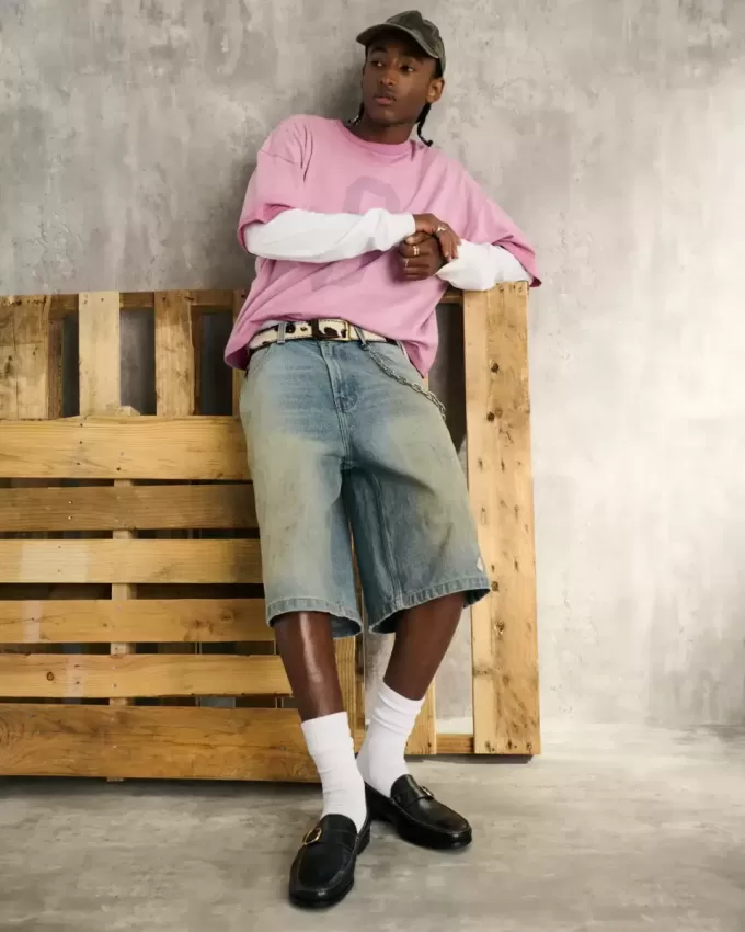 Greased Medium Wash Super Baggy Denim Shorts