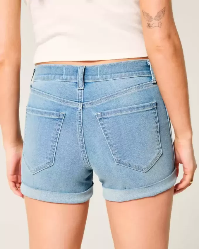 High-Rise Ripped Medium Light Wash Denim Shortie Shorts High-Rise Ripped Medium Light Wash Denim Shortie Shorts