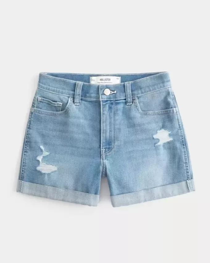 High-Rise Ripped Medium Light Wash Denim Shortie Shorts High-Rise Ripped Medium Light Wash Denim Shortie Shorts