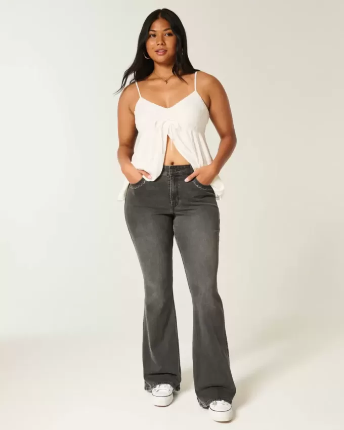 High-Rise Washed Black Embroidered Flare Jeans High-Rise Washed Black Embroidered Flare Jeans