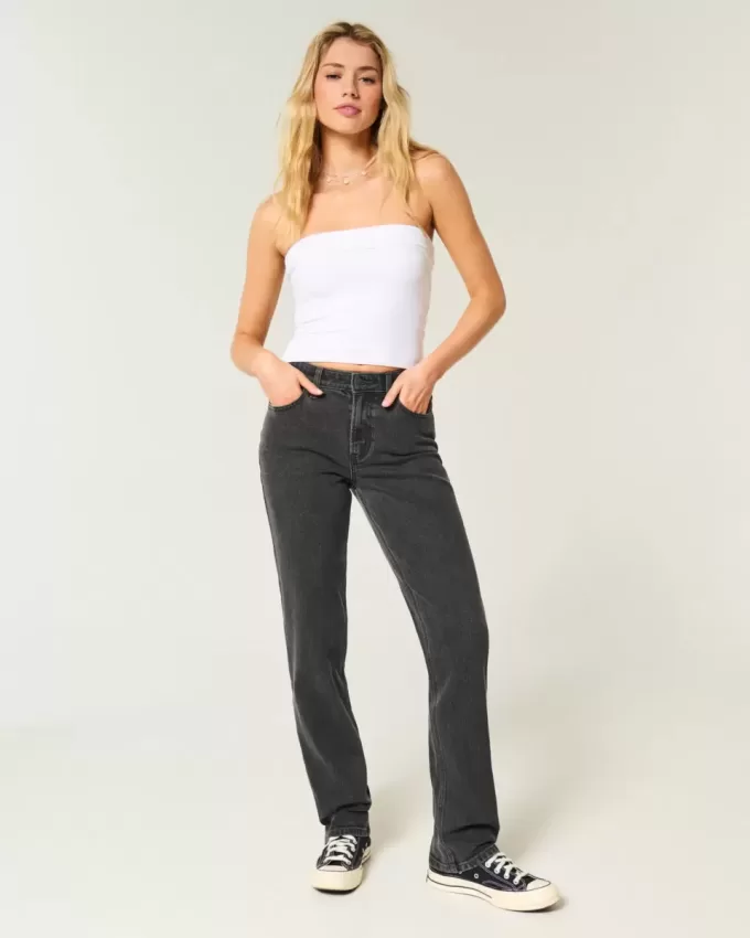 High-Rise Washed Black Straight Jeans