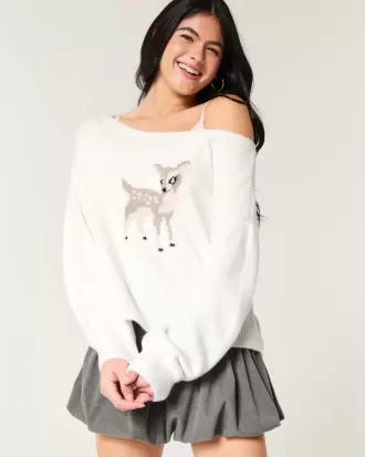 Hollister Comfy Cloud Easy Off-the-Shoulder Deer Graphic Sweater