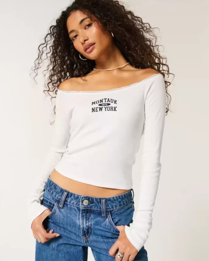Lace Trim Off-the-Shoulder Montauk Graphic Tee