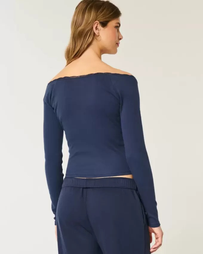 Lace Trim Off-the-Shoulder Number Graphic Tee Lace Trim Off-the-Shoulder Number Graphic Tee