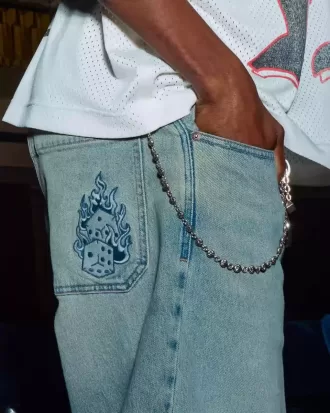 Light Wash Embroidered Dice Skater Baggy Jeans Light Wash Embroidered Dice Skater Baggy Jeans