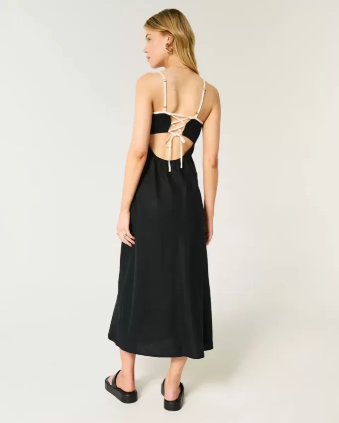 Linen-Blend Open-Back Slip Midi Dress Linen-Blend Open-Back Slip Midi Dress