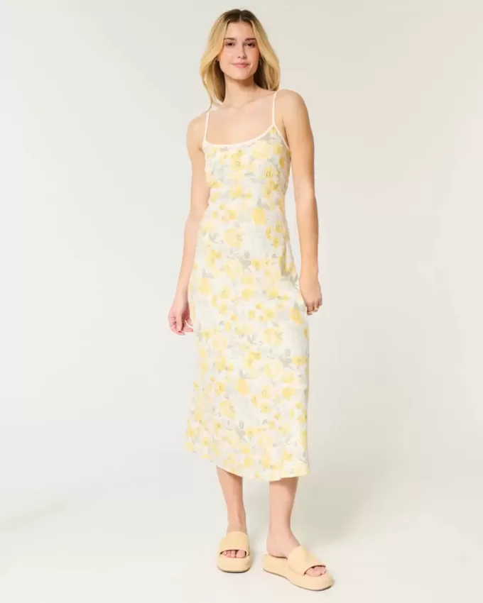 Linen-Blend Open Back Slip Midi Dress