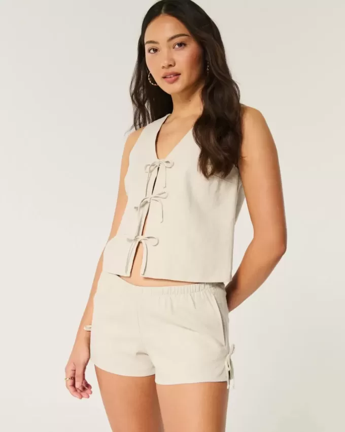 Linen-Blend Side Bow Soft Shorts Linen-Blend Side Bow Soft Shorts