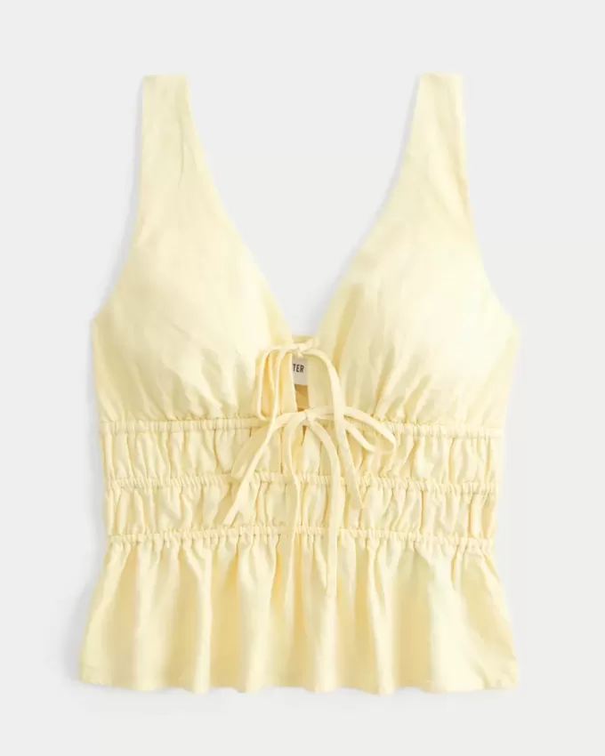 Linen-Blend Tie-Front Peplum Top