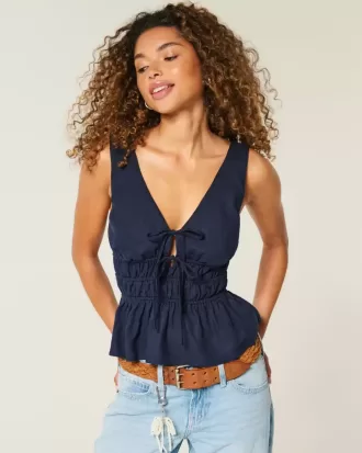 Linen-Blend Tie-Front Peplum Top