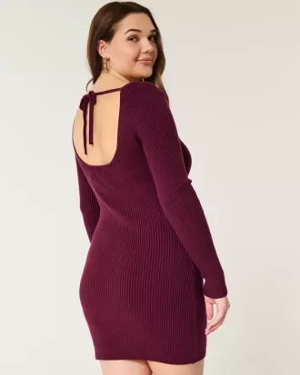 Long-Sleeve Cinch Bust Open-Back Sweater Dress