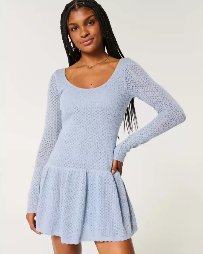 Long-Sleeve Crochet-Style Mini Skater Dress Long-Sleeve Crochet-Style Mini Skater Dress