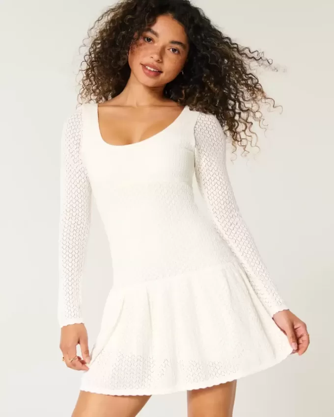 Long-Sleeve Crochet-Style Mini Skater Dress Long-Sleeve Crochet-Style Mini Skater Dress
