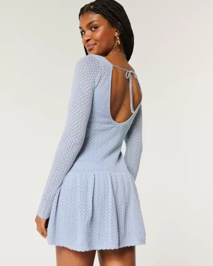 Long-Sleeve Crochet-Style Mini Skater Dress Long-Sleeve Crochet-Style Mini Skater Dress