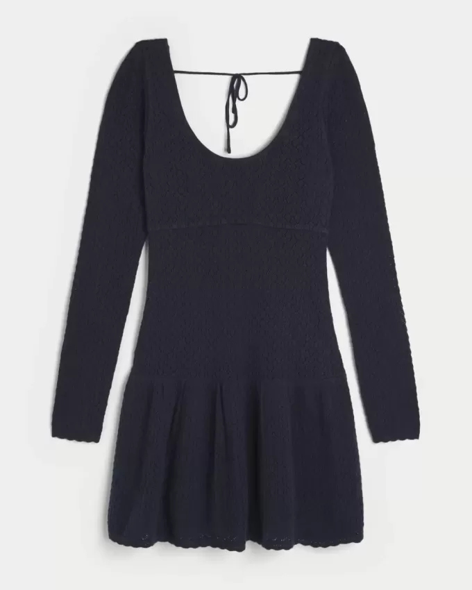 Long-Sleeve Drop-Waist Crochet-Style Mini Skater Dress
