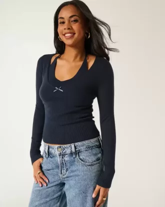 Long-Sleeve Halter Tie Sweater