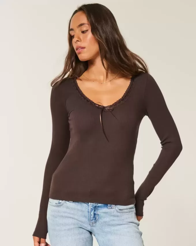 Long-Sleeve Lace Trim Top