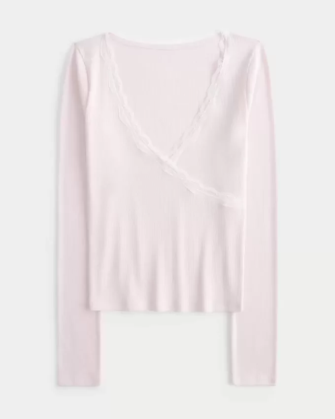 Long-Sleeve Lace Trim Wrap Top Long-Sleeve Lace Trim Wrap Top