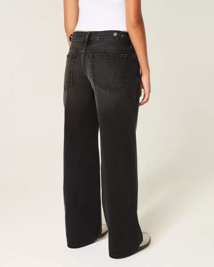 Low-Rise Adjustable Waist Washed Black Baggy Jeans
