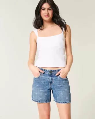 Low-Rise Bow Pattern Baggy Denim Shorts