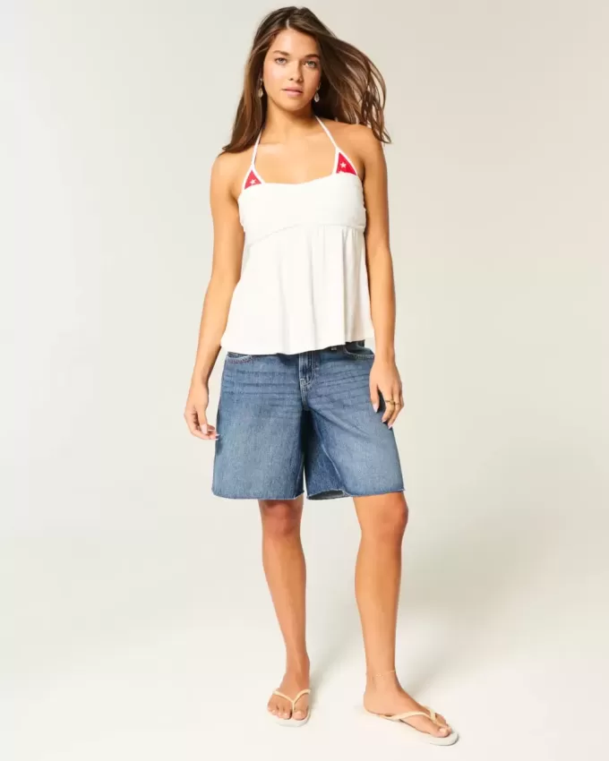 Low-Rise Dark Wash American Flag Graphic Baggy Jort