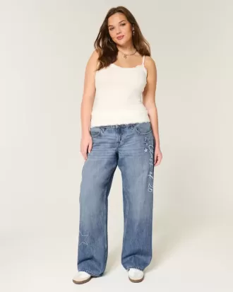 Low-Rise Dark Wash Class of ’26 Embroidered Baggy Jeans