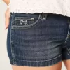 Low-Rise Dark Wash Embroidered Denim Shortie Shorts