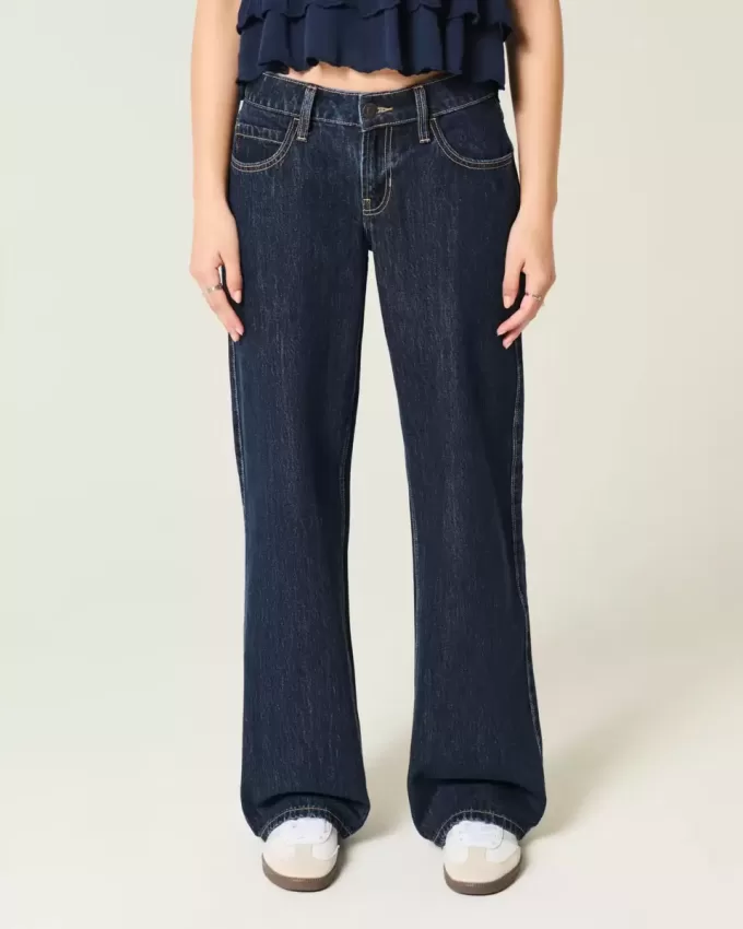 Low-Rise Dark Wash Foldover Waist Baggy Jeans