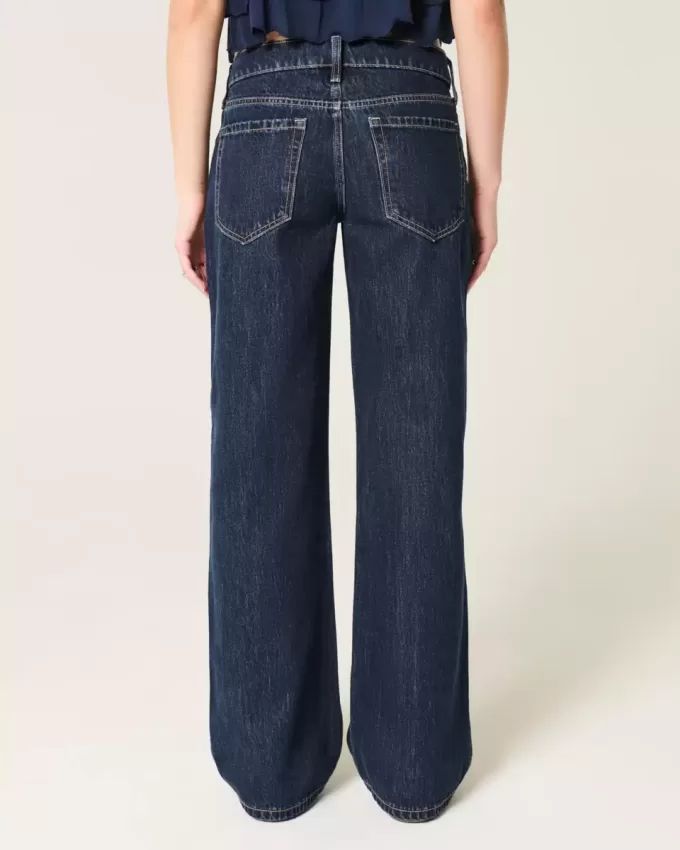 Low-Rise Dark Wash Foldover Waist Baggy Jeans