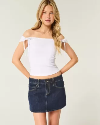 Low-Rise Dark Wash Plaid Pocket Denim Mini Skort