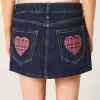 Low-Rise Dark Wash Plaid Pocket Denim Mini Skort