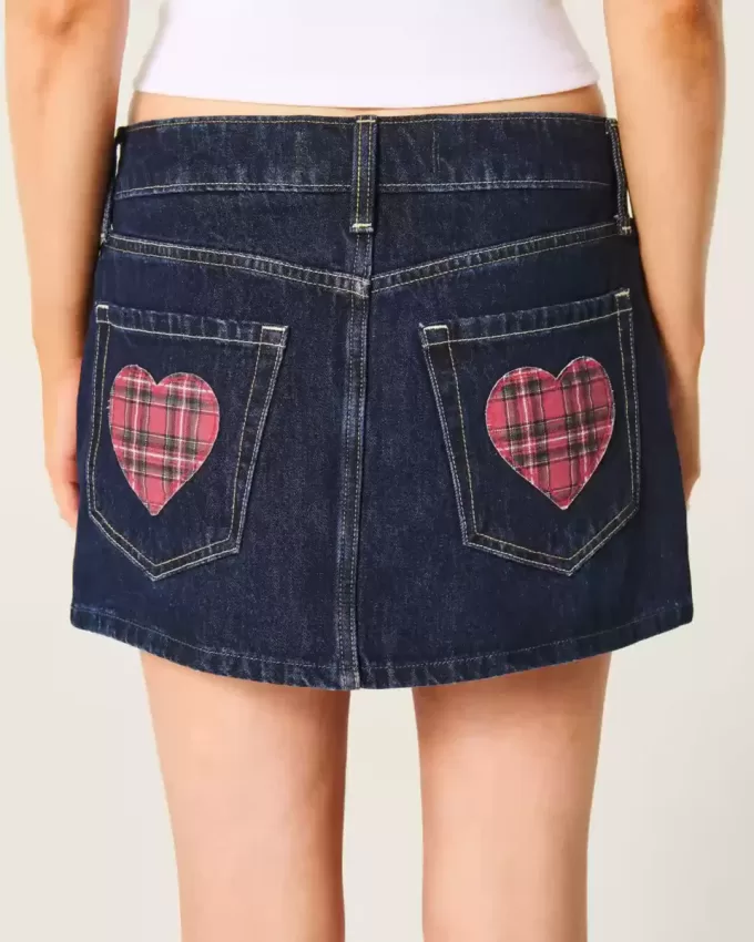 Low-Rise Dark Wash Plaid Pocket Denim Mini Skort