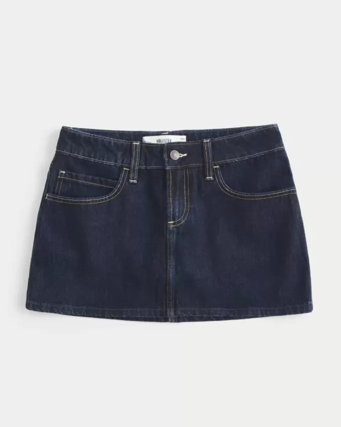 Low-Rise Dark Wash Plaid Pocket Denim Mini Skort