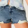 Low-Rise Distressed Medium Wash Denim Mini Shorts