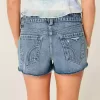 Low-Rise Distressed Medium Wash Denim Mini Shorts
