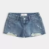 Low-Rise Distressed Medium Wash Denim Mini Shorts