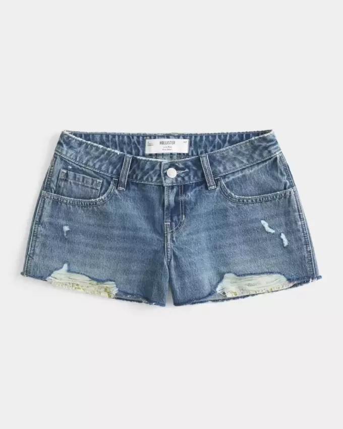 Low-Rise Distressed Medium Wash Denim Mini Shorts