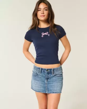 Low-Rise Embroidered Bow Denim Mini Skort Low-Rise Embroidered Bow Denim Mini Skort