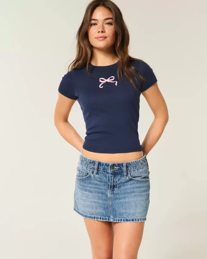 Low-Rise Embroidered Bow Denim Mini Skort