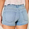 Low-Rise Light Wash Floral Embroidered Denim Shortie Shorts