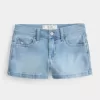 Low-Rise Light Wash Floral Embroidered Denim Shortie Shorts