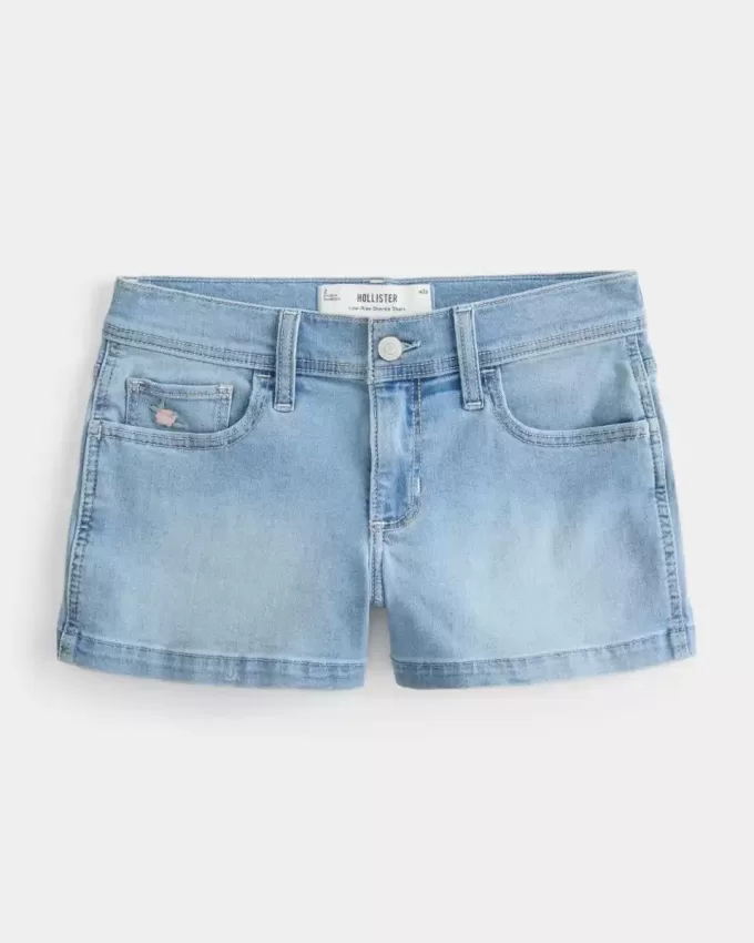 Low-Rise Light Wash Floral Embroidered Denim Shortie Shorts