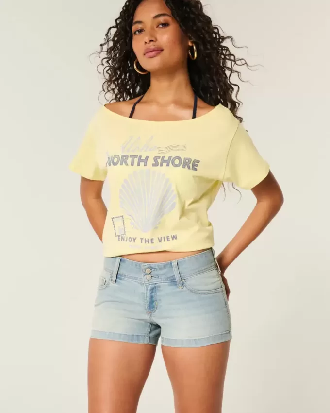 Low-Rise Light Wash Floral Pocket Denim Shortie Shorts