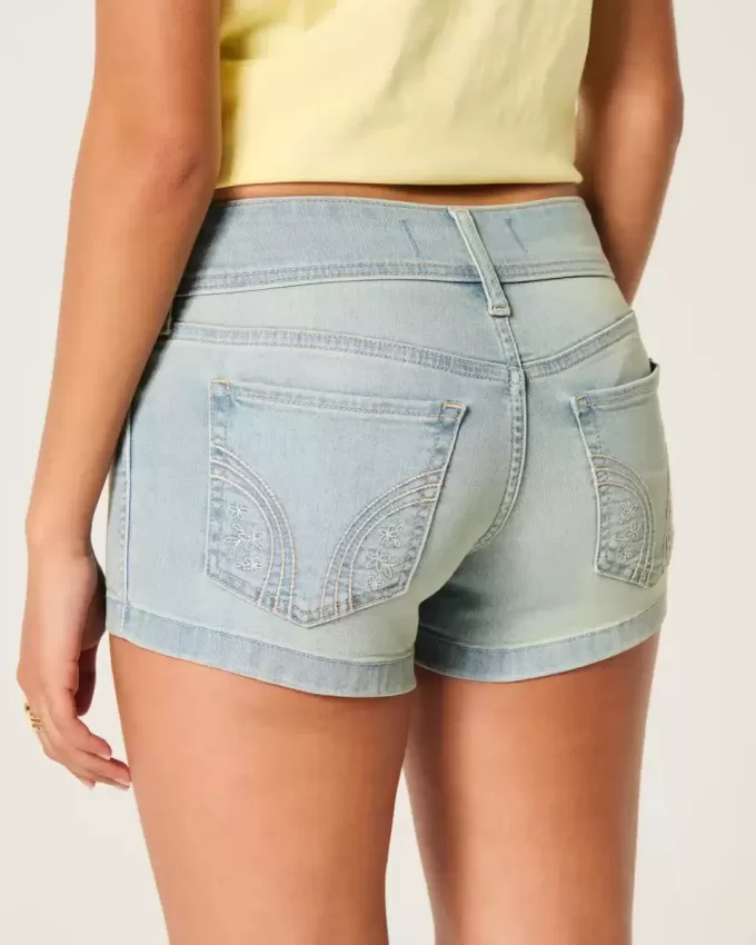 Low-Rise Light Wash Floral Pocket Denim Shortie Shorts
