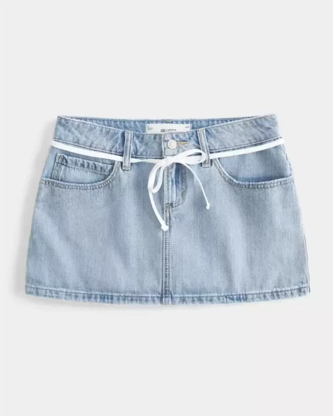 Low-Rise Light Wash Shoelace Denim Mini Skort Low-Rise Light Wash Shoelace Denim Mini Skort