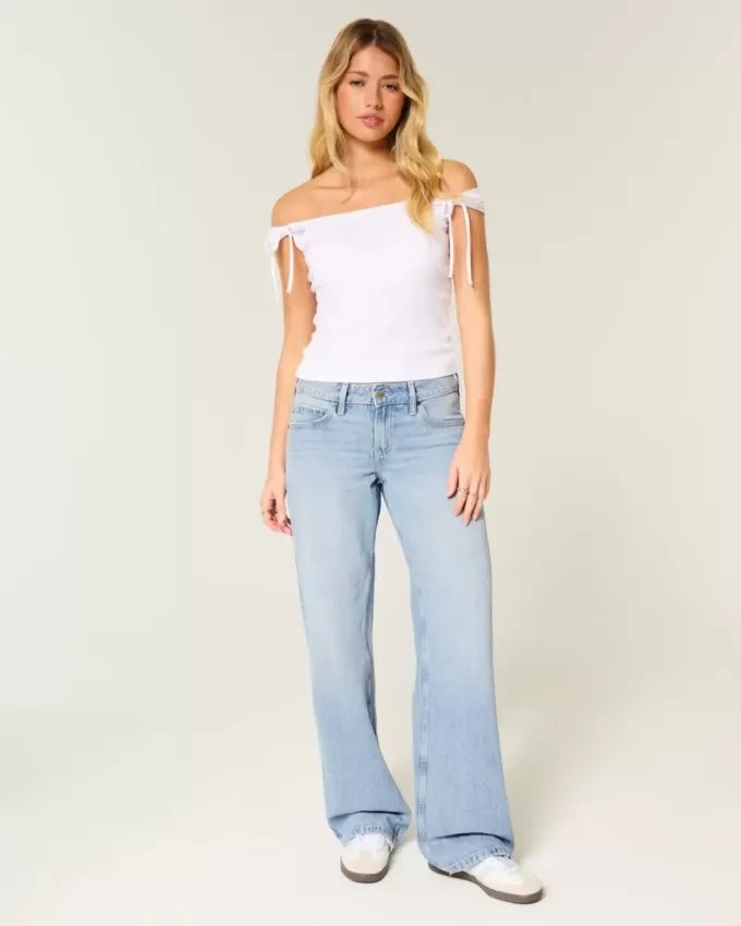 Low-Rise Light Wash Studded Bows Baggy Jeans