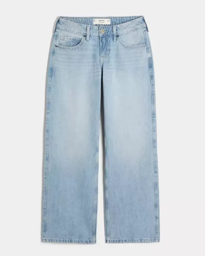 Low-Rise Light Wash Studded Bows Baggy Jeans